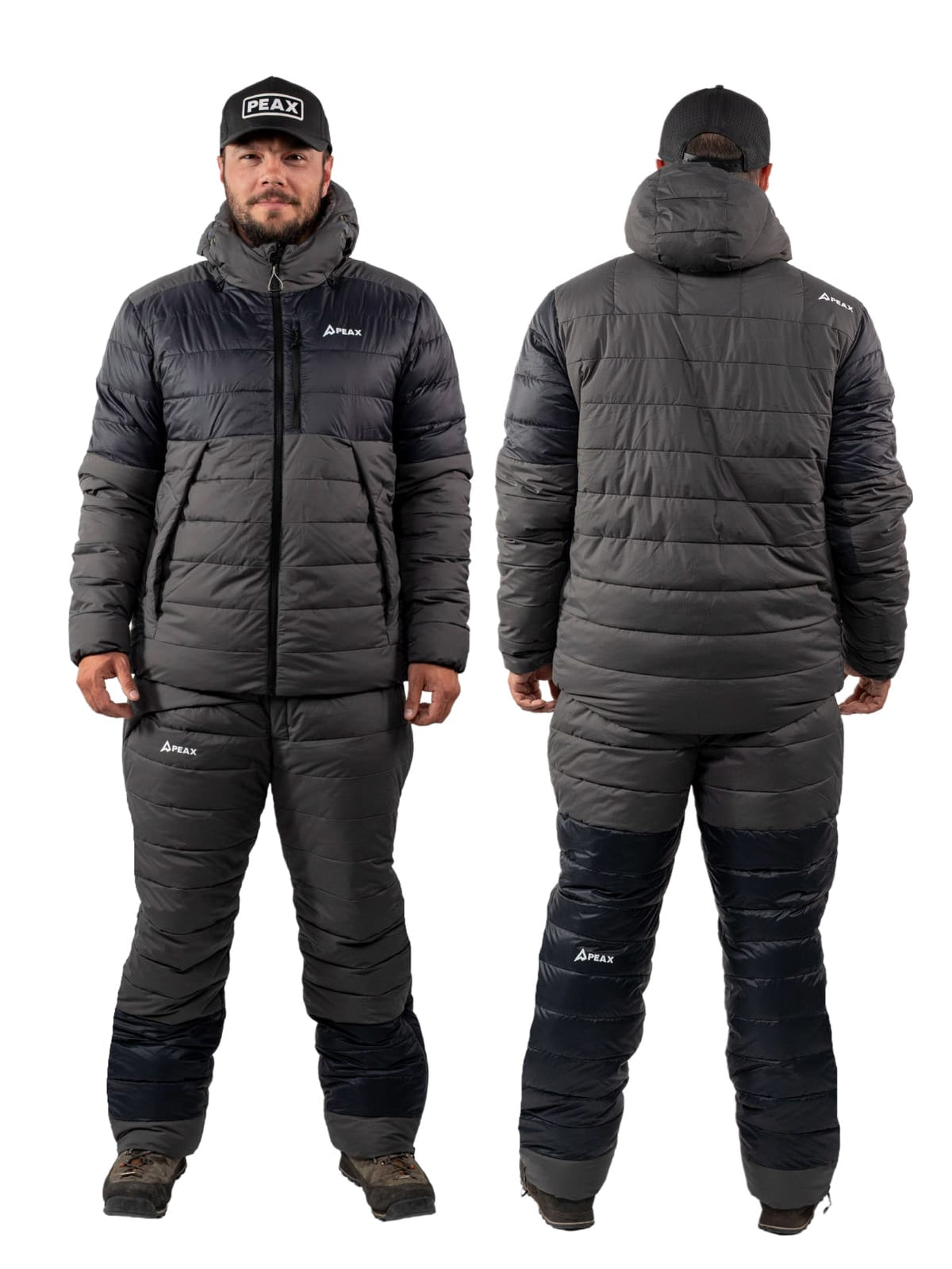 Ethan wearing the STATIC jacket and pant, front and back, for fit reference