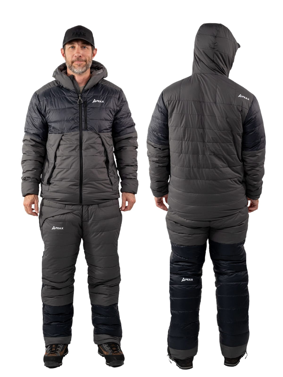 Corey wearing the STATIC jacket and pant, front and back, for fit reference