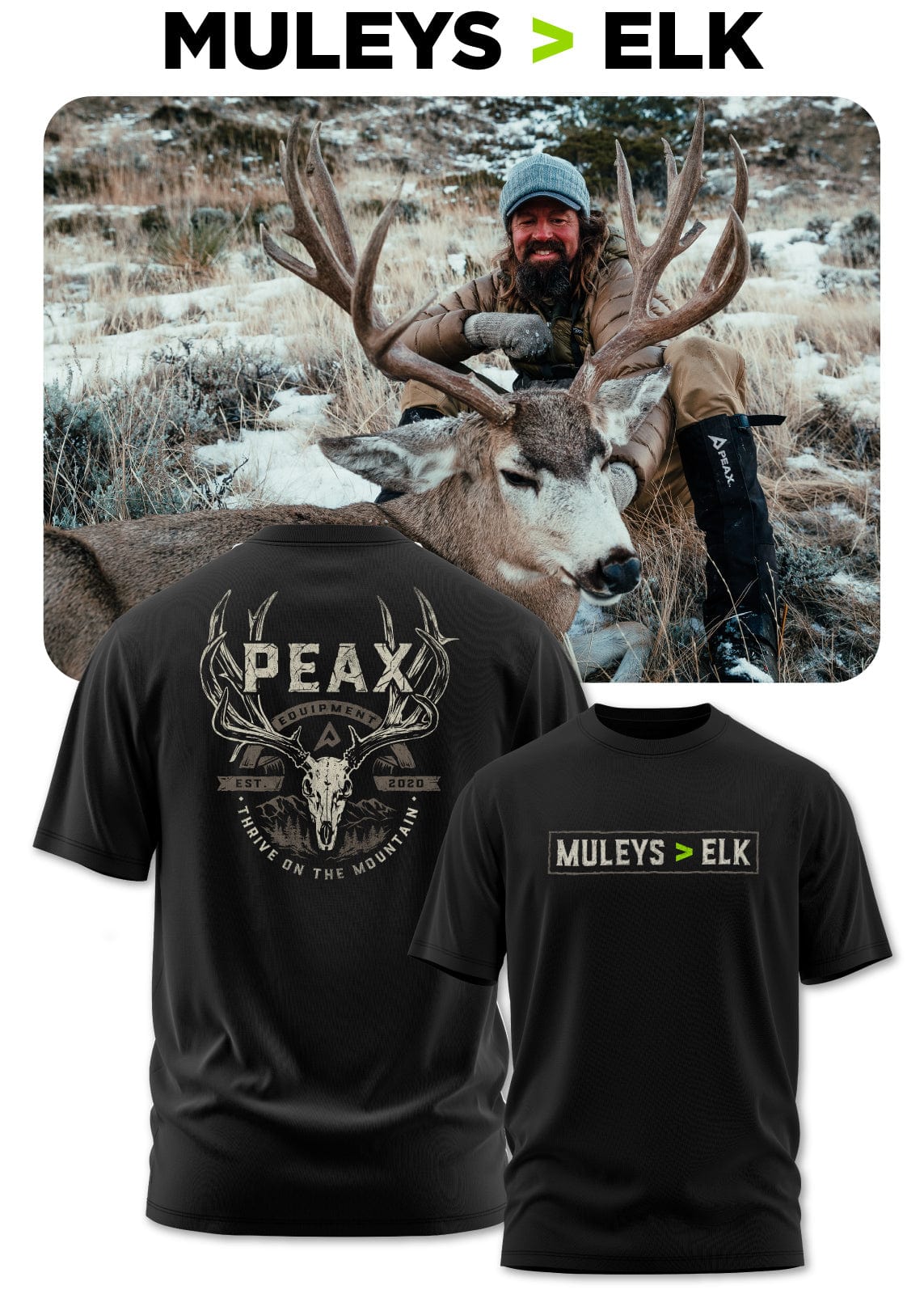 Hunters with a large deer and two black t-shirts with hunting-themed designs.