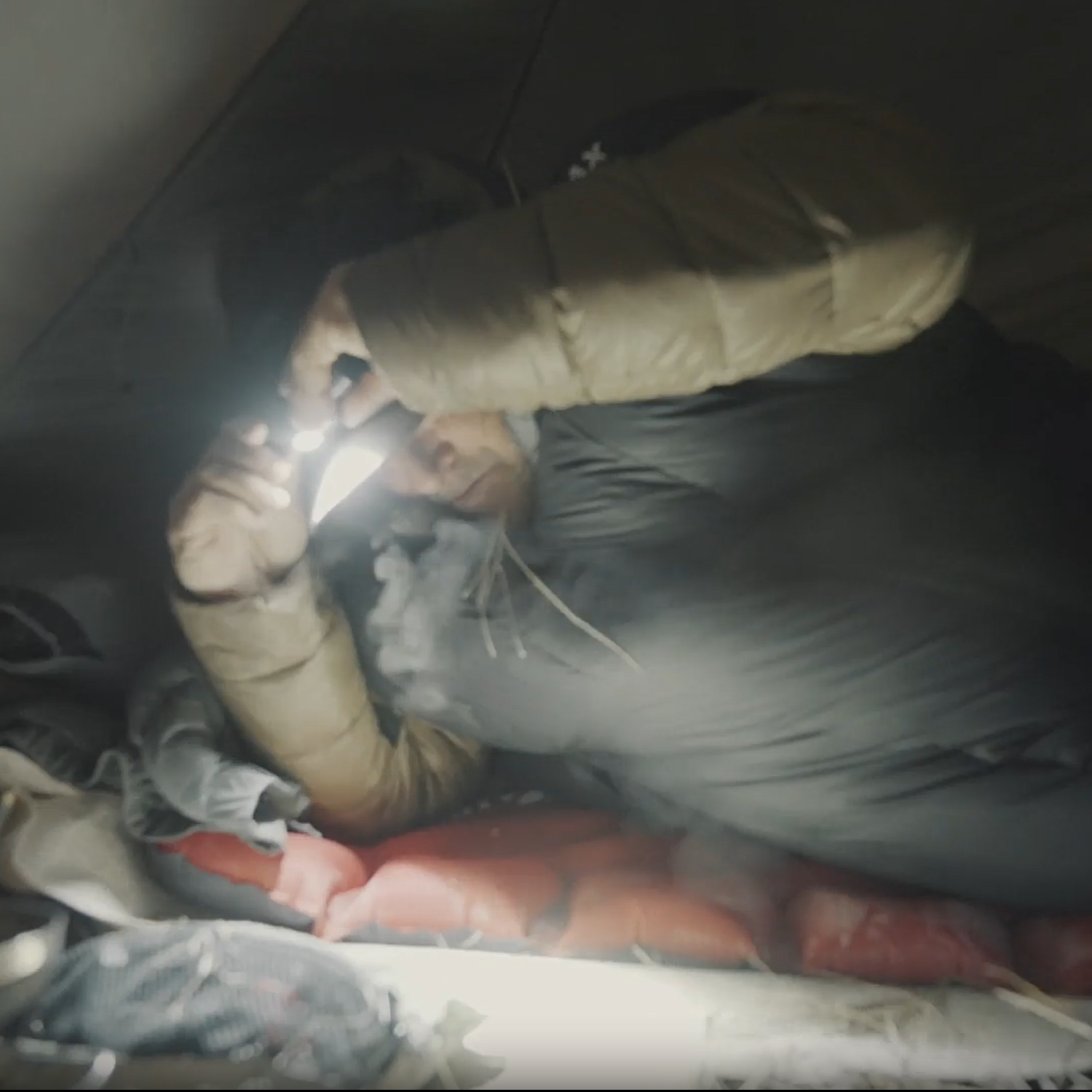 Premium hunting sleeping bag in mountain shelter