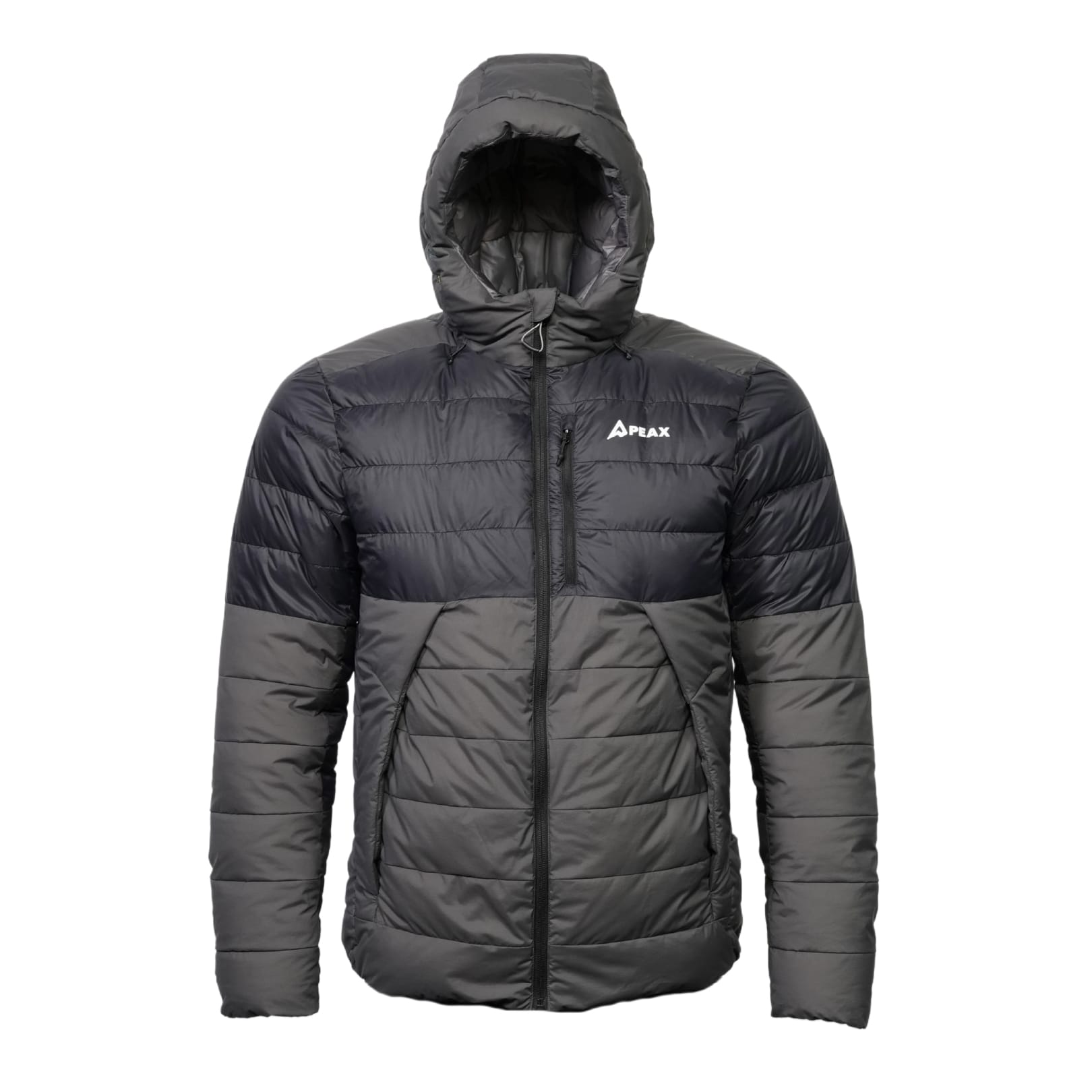 STATIC Down Hunting Jacket front view, hooded, in two-tone gray with a full-length zipper