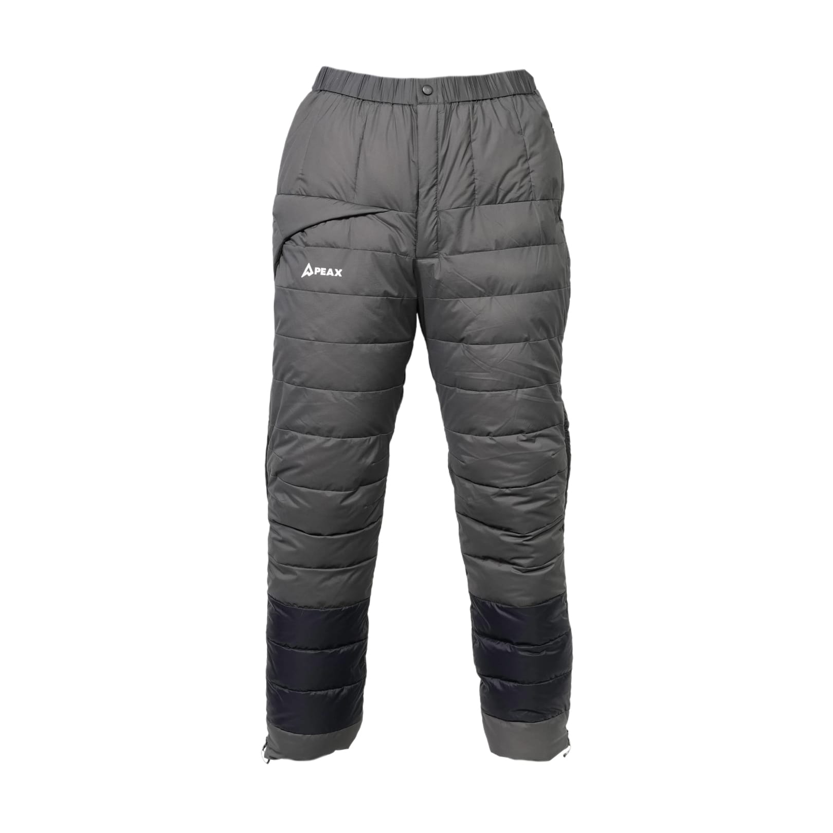 STATIC Down Pant front view in gray quilted down with darker reinforced knees